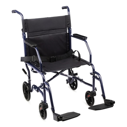 The Carex Folding Steel Transport Wheelchair - 19" Seat features a sturdy metallic dark blue frame, black seat, armrests, seatbelt, and four small wheels—two with footrests. Lightweight and foldable for easy portability.