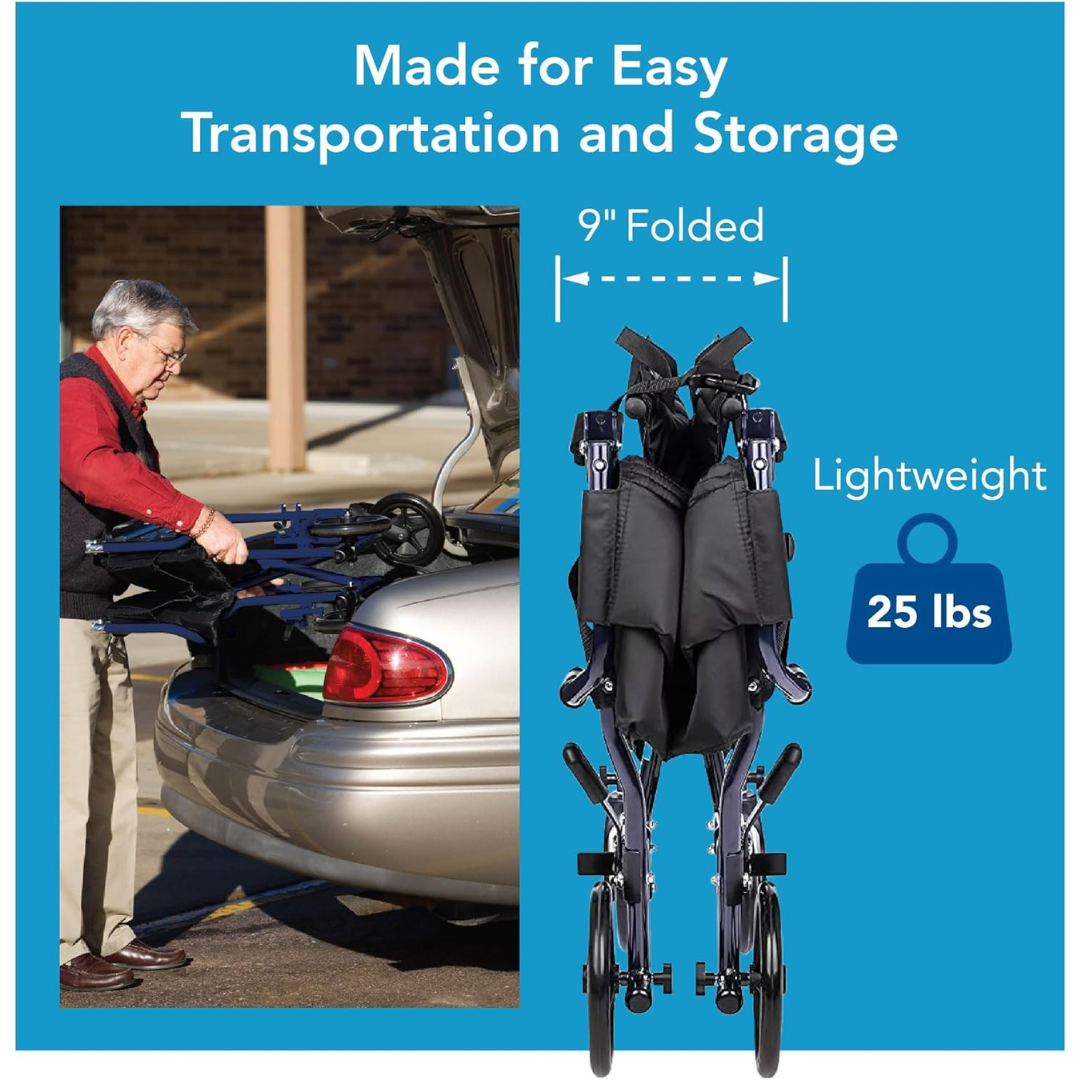 An older adult loads the Carex Folding Steel Transport Wheelchair (19" seat) into a car trunk. Text highlights it folds to just 9 inches, weighs only 25 pounds, and is easy to transport and store.