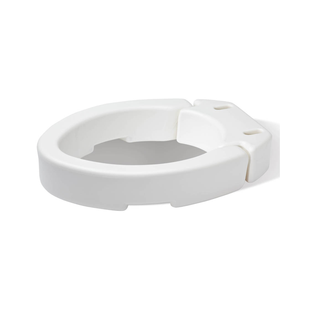 The Carex Hinged Toilet Seat Riser adds 3.5 inches of height to a standard bowl with its white, contoured design, making sitting and standing easier.