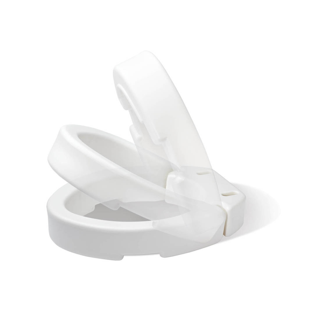 The Carex Hinged Toilet Seat Riser - Add 3.5 Inches is displayed in three tilted open positions against a plain white background.