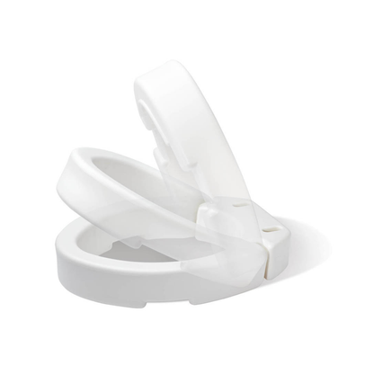 The Carex Hinged Toilet Seat Riser - Add 3.5 Inches is displayed in three tilted open positions against a plain white background.