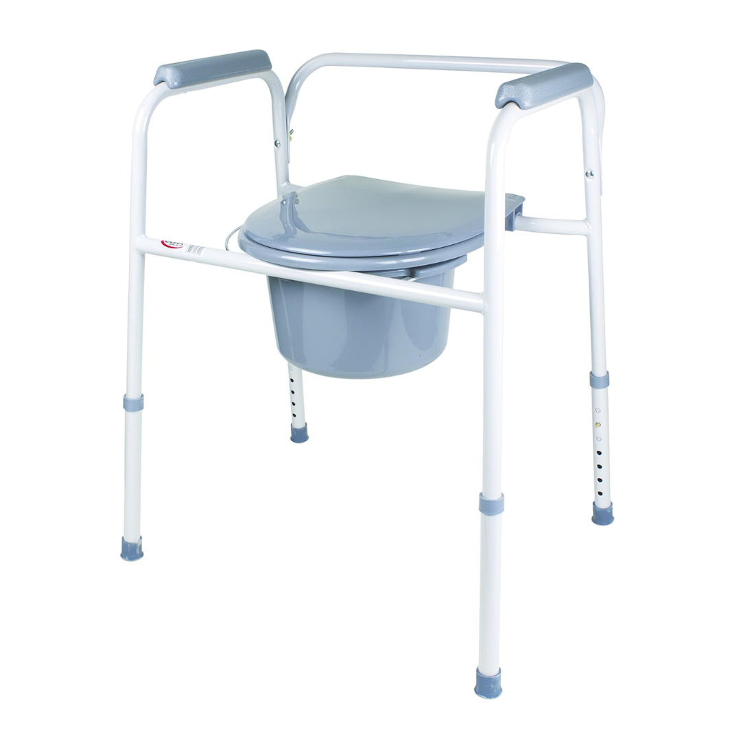 The Carex Steel 3-In-1 Folding Commode Chair features a gray seat and bucket, white metal frame, adjustable legs, and padded armrests—ideal as a portable commode or travel potty for those with mobility needs.