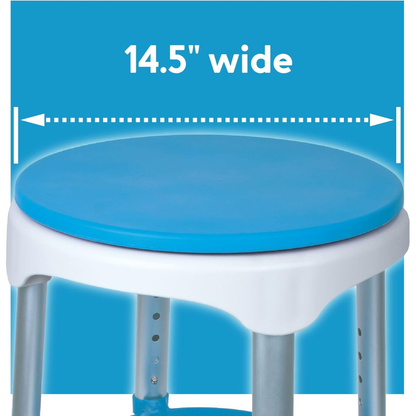 The Carex EZ Shower Swivel Stool, a round blue and white seat with silver legs, is shown with text above it reading "14.5" wide" and a double-headed arrow indicating the width of the seat.