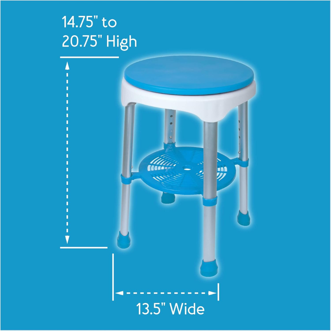 The Carex EZ Shower Swivel Stool is a round, blue and white adjustable shower chair with a small lower shelf. Height adjusts from 14.75 to 20.75 inches, seat width is 13.5 inches. Shown on a blue background with measurement labels.