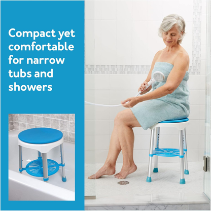 An older woman uses a handheld shower while sitting on the Carex EZ Shower Swivel Stool, with blue and white padding. Text: Compact yet comfortable for narrow tubs and showers. Inset shows a close-up of the stool.