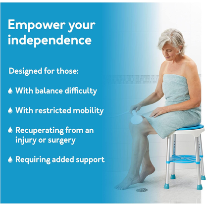 Older woman wrapped in a towel sits on a Carex EZ Shower Swivel Stool, washing her leg. Text beside her reads: Empower your independence with features like the adjustable Carex EZ Shower Swivel Stool—ideal for balance or mobility challenges.