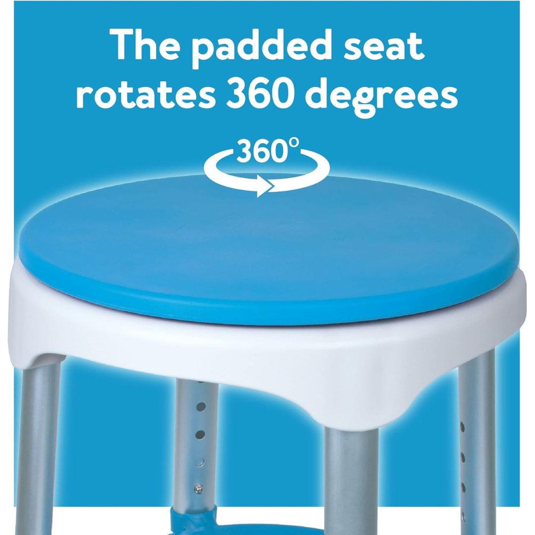 The Carex EZ Shower Swivel Stool features a blue and white design with a padded seat that rotates 360 degrees for easy movement, as shown by an arrow and the message "The padded seat rotates 360 degrees" above the stool.