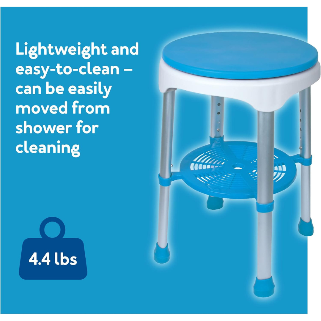 The Carex EZ Shower Swivel Stool is a lightweight, blue and white shower chair with adjustable legs, a round seat, lower support shelf, and weighs just 4.4 lbs. Easy-to-clean and move for convenience in your shower.