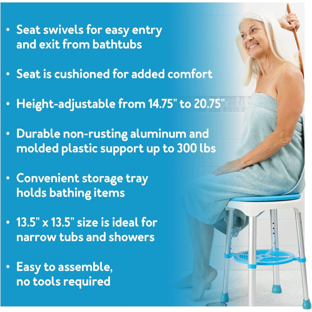 A smiling older woman, wrapped in a towel, sits on the Carex EZ Shower Swivel Stool using a back brush. Text highlights swiveling seat, cushioned and adjustable height chair, sturdy support, storage tray, compact size, and easy assembly.