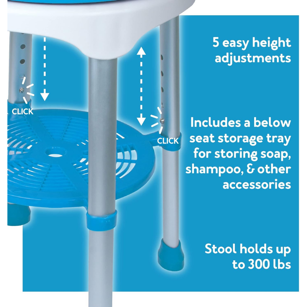 The Carex EZ Shower Swivel Stool features blue and white design, silver legs, a padded seat with lower storage tray, 5 height adjustments (highlighted by arrows), a 300 lb weight limit, and a tray for toiletries. Click points show adjustments.