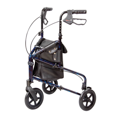 The Carex Trio Roller 3-Wheel Walker Rollator offers a lightweight, three-wheel design with hand and locking brakes, a black storage pouch, and large wheels for reliable mobility support.