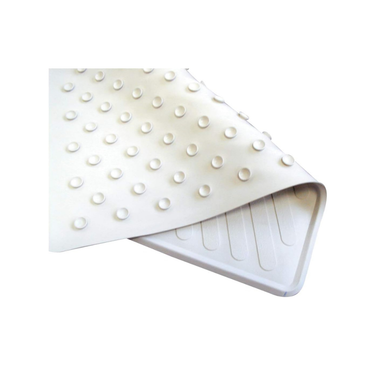 The Carex White Rubber Non-Slip Bath Mat features raised suction cups on one side and a textured underside. Its rectangular shape and secure grip provide added shower safety, shown partially folded to display its design.