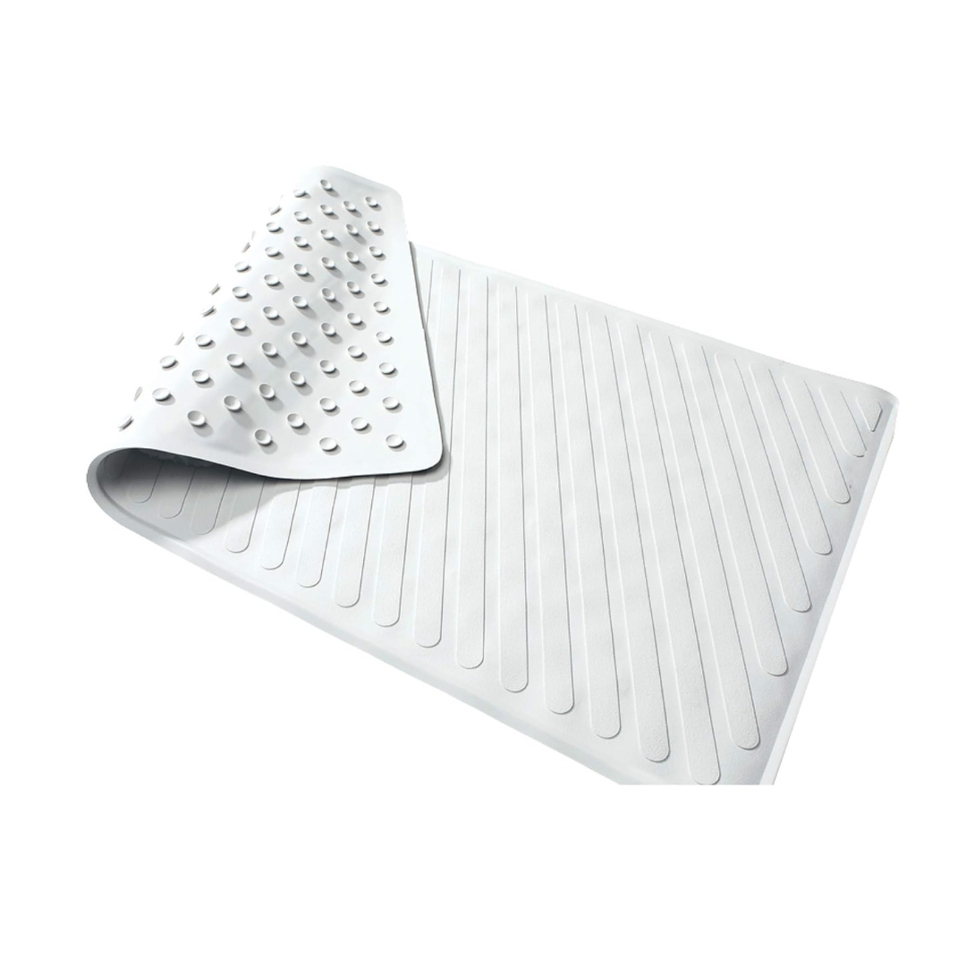 The Carex White Rubber Non-Slip Bath Mat with Suction Cups features a rectangular shape, raised suction cups underneath, and textured lines on top—one corner lifts to show both sides—designed for shower safety and stability.