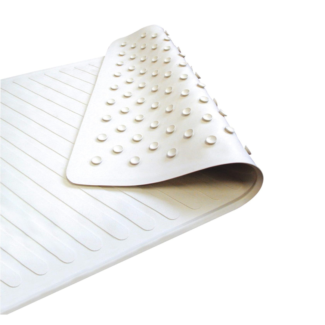 The Carex White Rubber Non-Slip Bath Mat features raised suction cups on the underside and a textured top surface, shown partially rolled to display its secure grip and safety design.