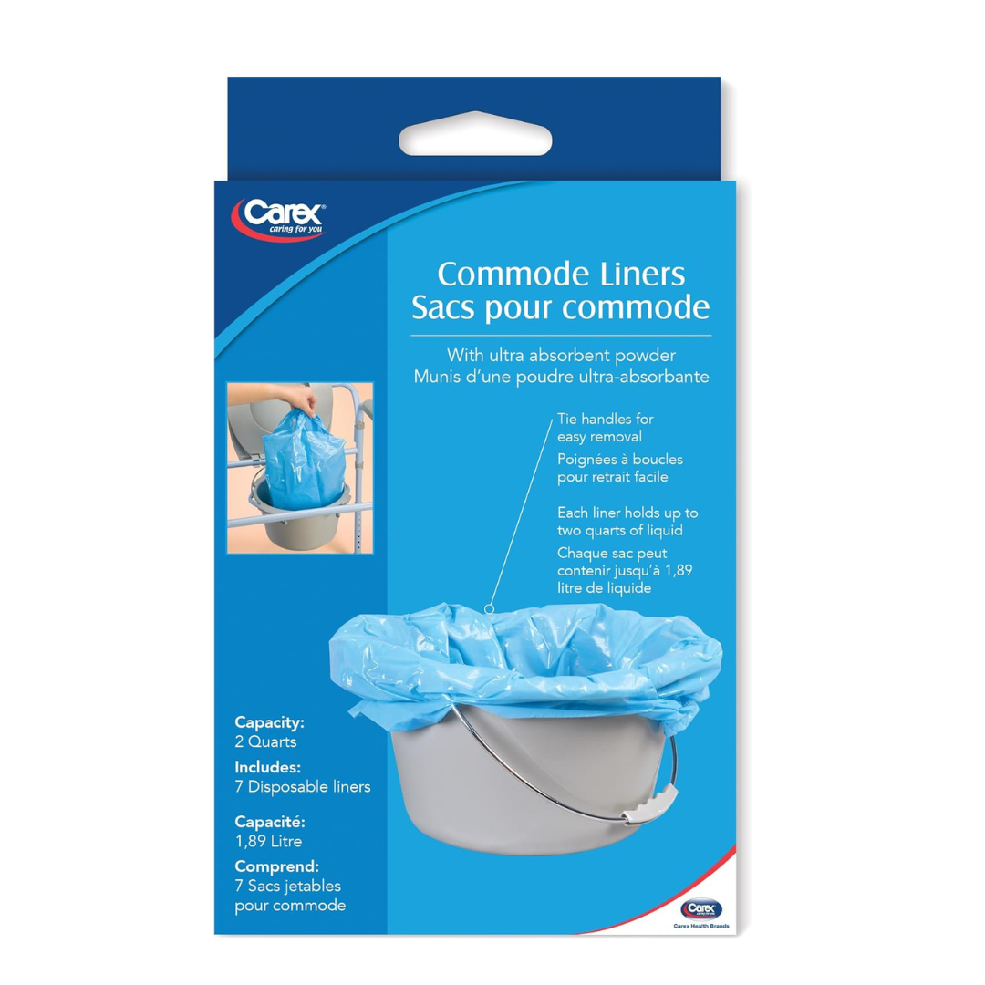 A blue and white box of Carex Commode Liners with Absorbent Powder is shown, featuring an image of a blue liner in a commode bucket and text highlighting easy removal, disposable design, and 7 liners per pack.