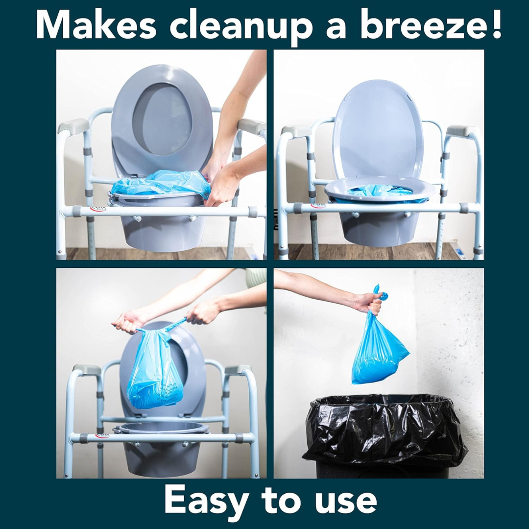 A four-step image shows Carex Commode Liners with Absorbent Powder: place the liner, use the toilet, tie with absorbent powder inside, and dispose. Text reads "Makes cleanup a breeze! Easy to use.