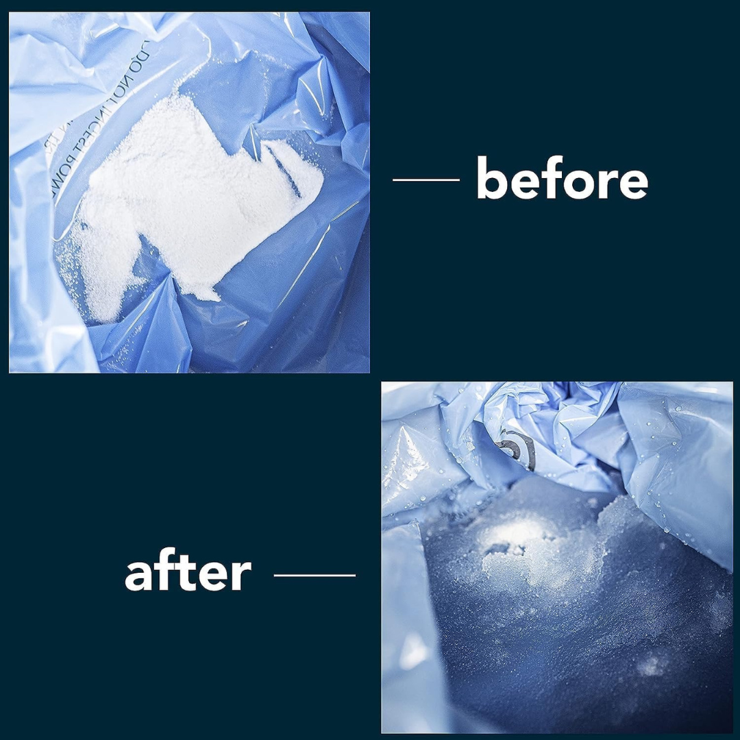 Two images: the top shows Carex Commode Liners with Absorbent Powder in a blue liner labeled "before"; the bottom shows the liner after use, with the powder dissolved into a clear liquid, labeled "after.