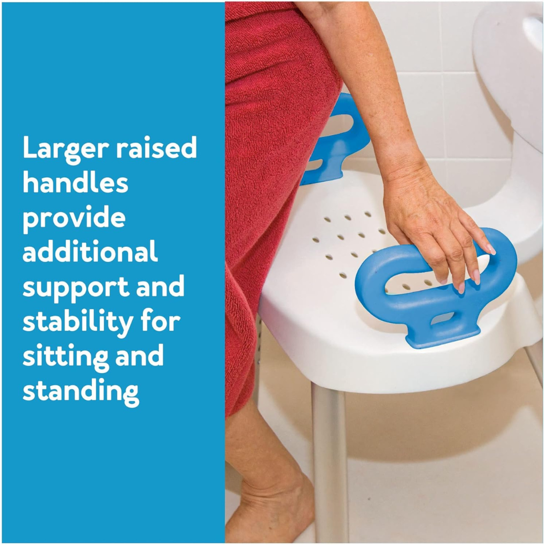 A person in a red towel sits on the Carex E-Z Bath and Shower Seat with Handles, using a large blue raised handle for support. Text explains that the handles provide added stability for sitting and standing.