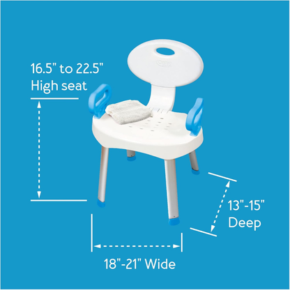The Carex E-Z Bath and Shower Seat with Handles features blue arms and feet, a towel on the seat, adjustable height (16.5–22.5"), and dimensions of 13–15" deep by 18–21" wide, displayed against a blue background.