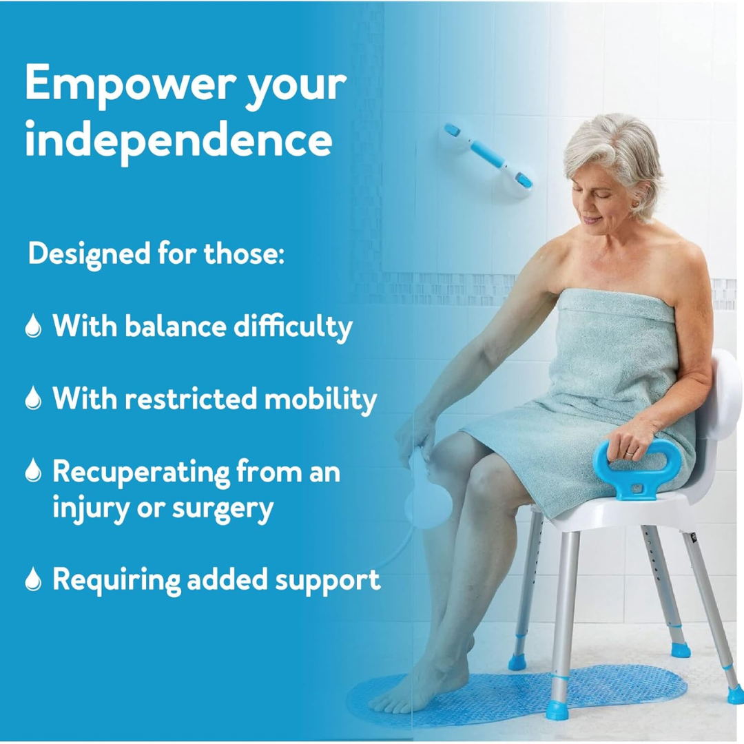 An older woman in a towel sits on a Carex E-Z Bath and Shower Seat with Handles, using a handheld showerhead. Text reads: “Empower your independence”—ideal for balance difficulty, limited mobility, injury recovery, and added support.