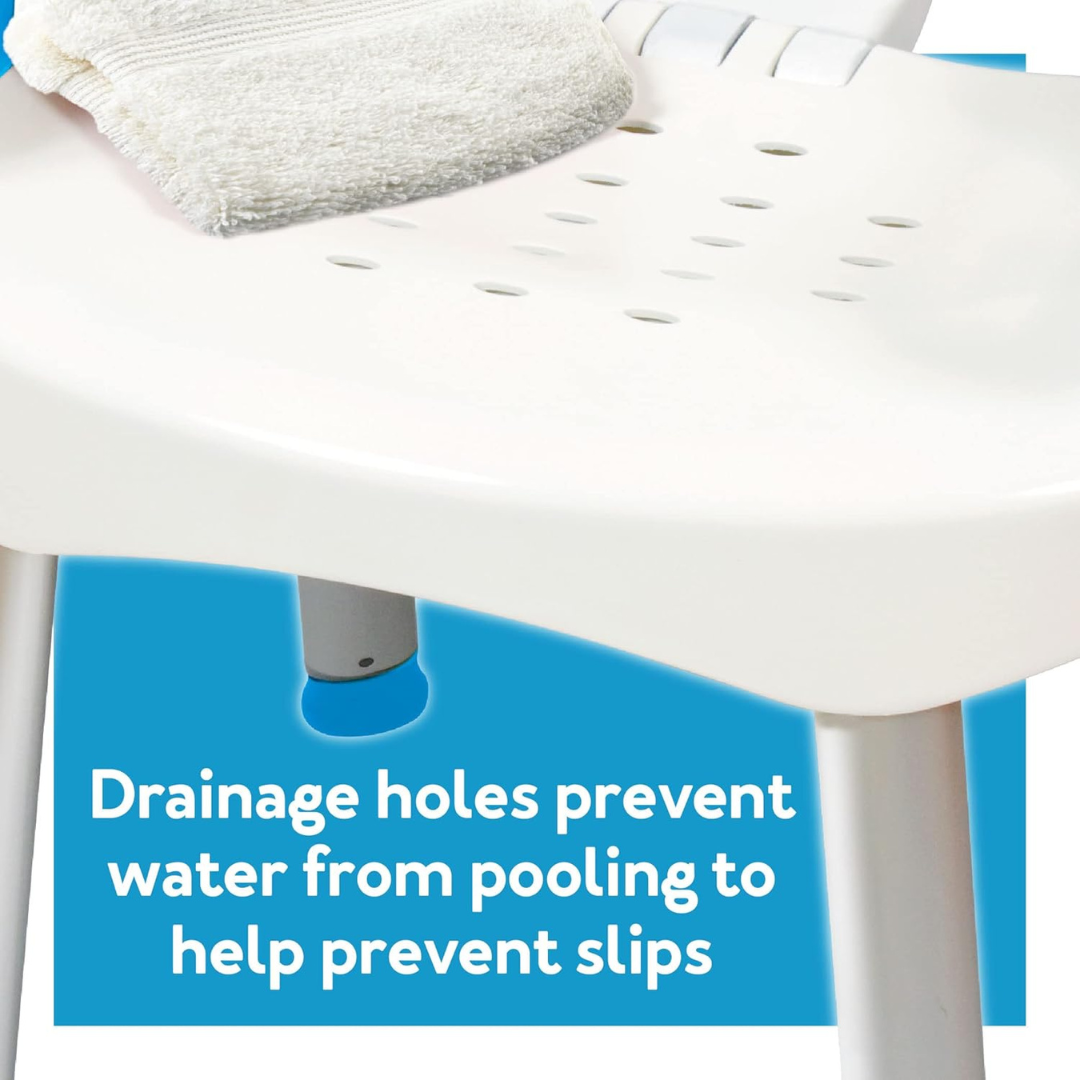 Carex E-Z Bath and Shower Seat with Handles: White shower chair featuring adjustable height, seat drainage holes to prevent water pooling and slips, plus a folded towel on top.