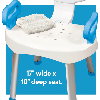 The Carex E-Z Bath and Shower Seat with Handles features a white 17" x 10" seat, blue handles, adjustable height, and a folded white towel on top. The shower chair is shown against a blue background.