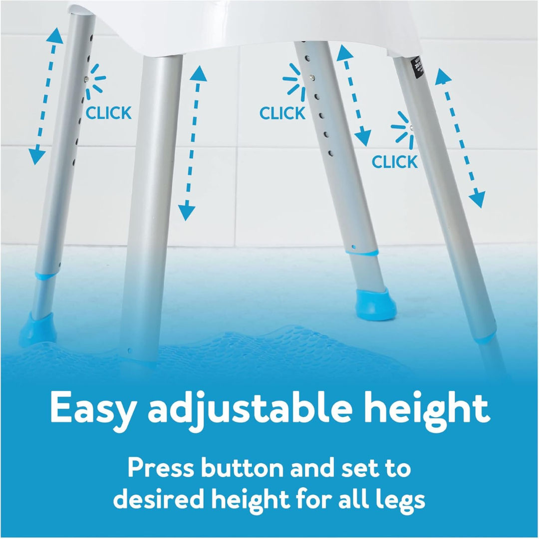 Close-up of adjustable chair legs with blue arrows and "CLICK" text highlighting height adjustment. Shown: Carex E-Z Bath and Shower Seat with Handles. Text reads: Easily adjusts—press button to set each leg to your desired height.