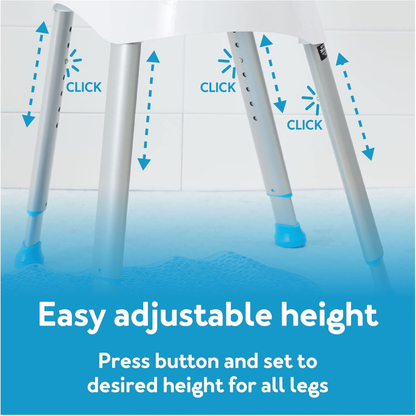 Close-up of adjustable chair legs with blue arrows and "CLICK" text highlighting height adjustment. Shown: Carex E-Z Bath and Shower Seat with Handles. Text reads: Easily adjusts—press button to set each leg to your desired height.