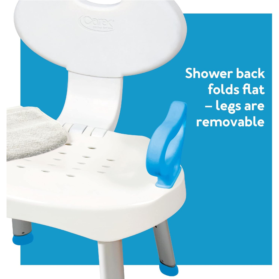 A Carex E-Z Bath and Shower Seat with Handles features a curved backrest, removable blue handle, gray adjustable-height legs, and a folded towel on the seat. Text: "Shower back folds flat – legs are removable." Blue background.