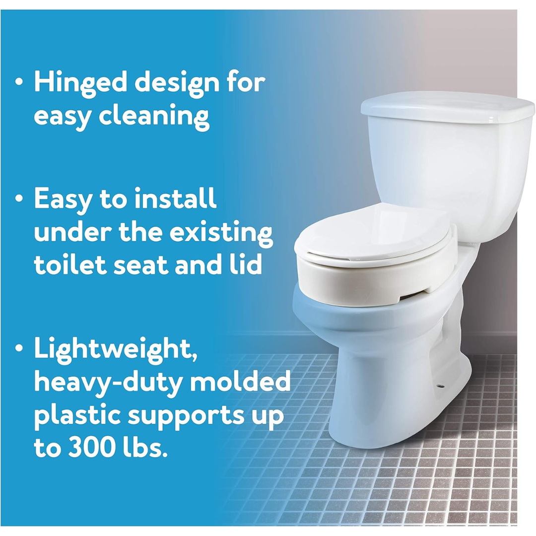 The Carex Hinged Toilet Seat Riser adds 3.5 inches to a standard toilet, installs easily under the seat and lid, features an easy-clean hinged design, and is made of heavy-duty molded plastic supporting up to 300 lbs.
