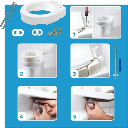 Instructional image showing how to install the Carex Hinged Toilet Seat Riser - Add 3.5 Inches: tools and parts at top, then five steps demonstrating attaching and securing the riser with bolts and hand-tightening nuts underneath.