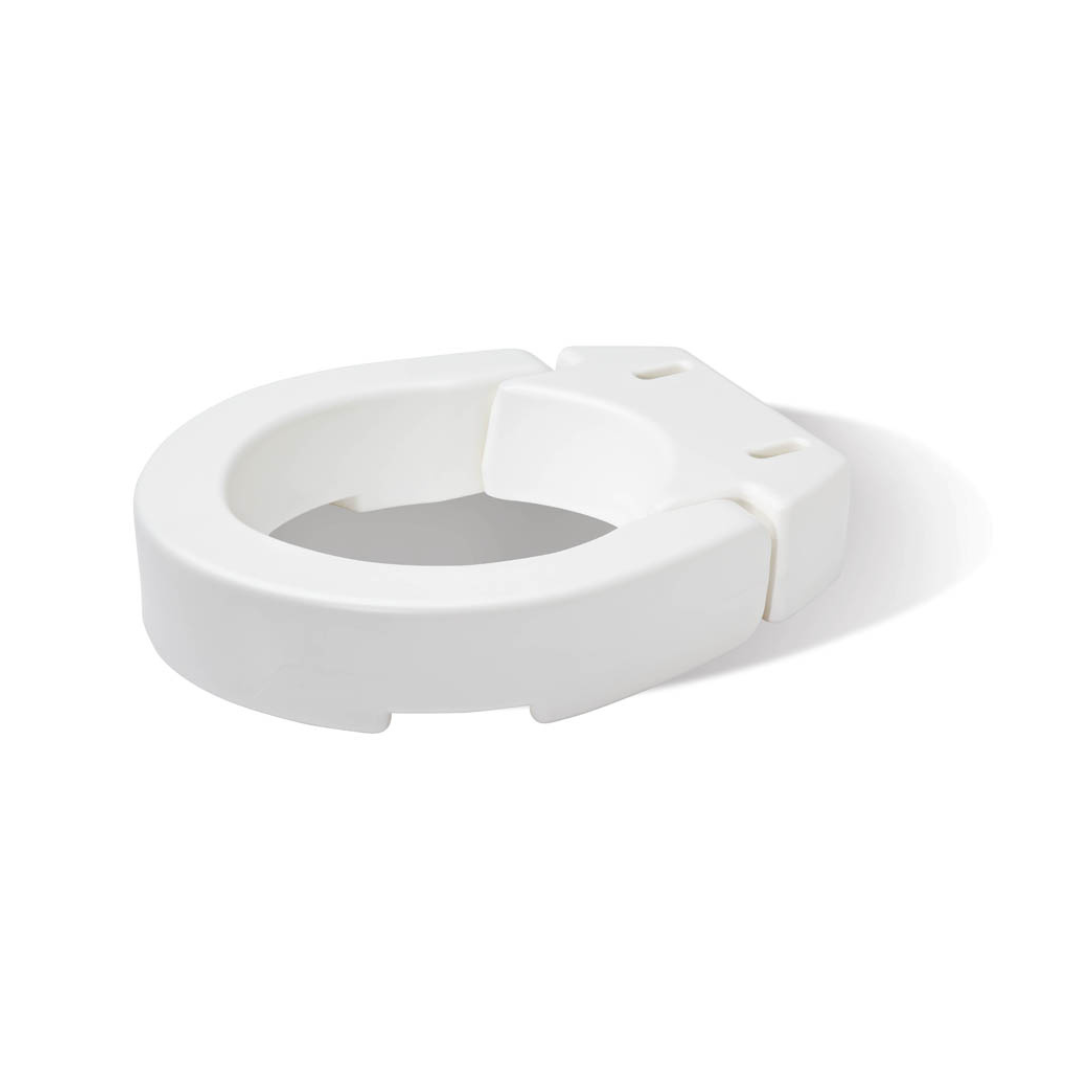 The Carex Hinged Toilet Seat Riser - Add 3.5 Inches is a white, plastic, open-front seat riser with slots for secure attachment to toilets, shown on a plain white background.