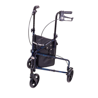 The Carex Trio Roller 3-Wheel Walker Rollator features a lightweight three-wheel design, hand brakes, height-adjustable handles, a front black storage bag, and a sturdy blue and black metal frame.