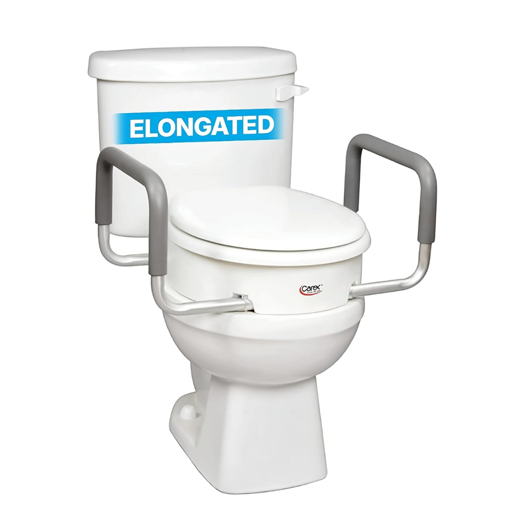 The Carex 3.5" Raised Toilet Seat with Arms features sturdy gray grab bars on both sides, fitting elongated toilets and providing extra support, making it an ideal elevated toilet seat for seniors.