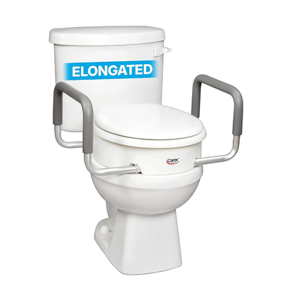 The Carex 3.5" Raised Toilet Seat with Arms features sturdy gray grab bars on both sides, fitting elongated toilets and providing extra support, making it an ideal elevated toilet seat for seniors.