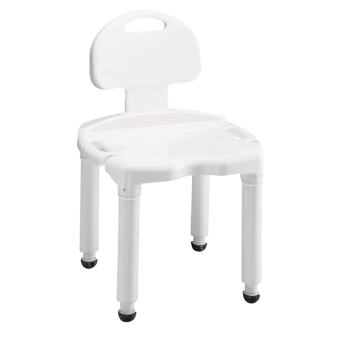 The Carex Bariatric Bath Seat and Shower Chair with Backrest is a white plastic, adjustable chair with four sturdy legs, rubber tips for stability, drainage holes, and a built-in handle for easy carrying. Ideal for seniors.