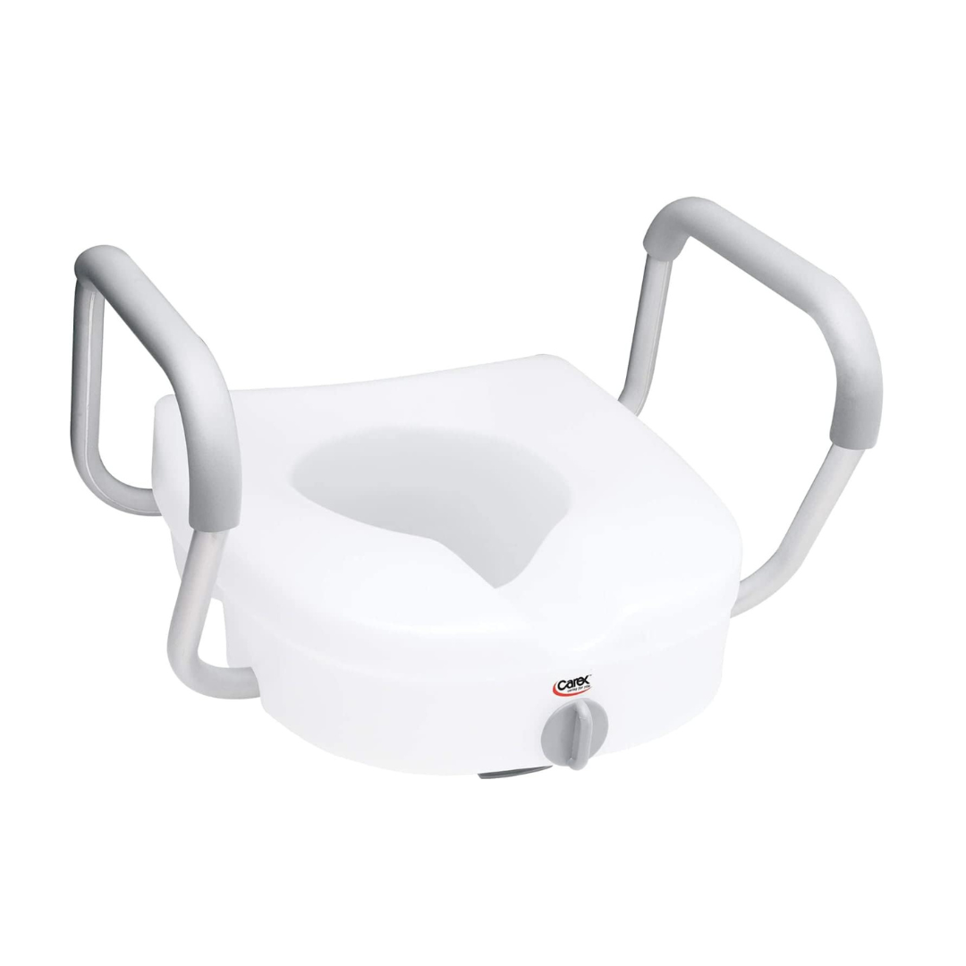 The Carex E-Z Lock 5" Raised Toilet Seat features adjustable armrests, gray support handles for easy sitting and standing, a secure front knob, adjustable height, and supports up to 300 lbs.