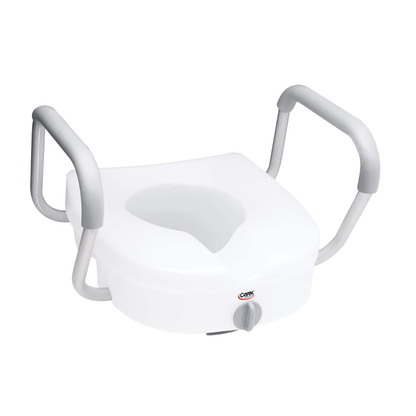 The Carex E-Z Lock 5" Raised Toilet Seat features adjustable armrests, gray support handles for easy sitting and standing, a secure front knob, adjustable height, and supports up to 300 lbs.