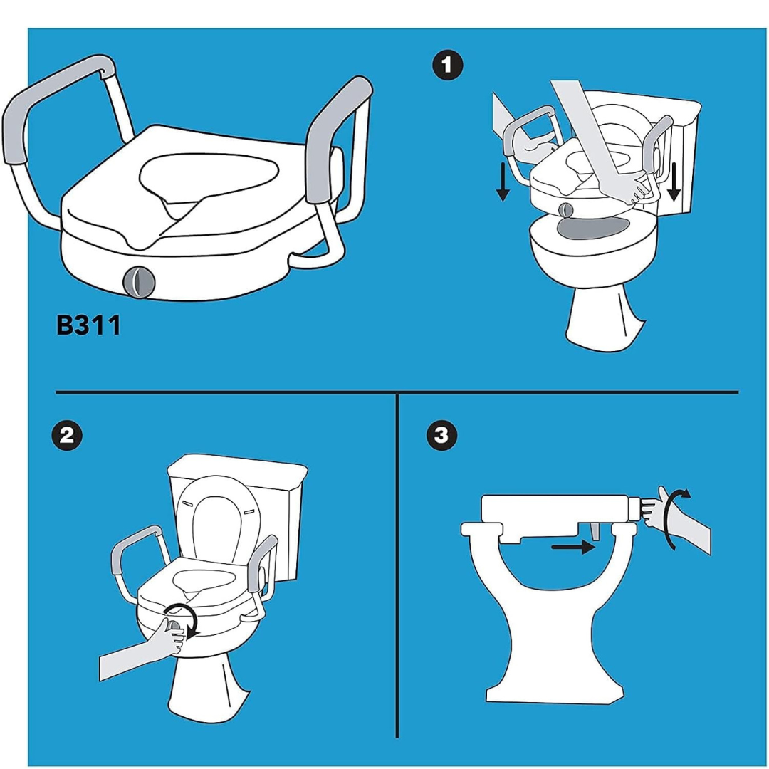Carex E-Z Lock 5" Raised Toilet Seat with adjustable armrests: 1) Place seat on toilet, 2) Secure using the side clamps, 3) Tighten the front knob to lock in place. Supports up to 300 lbs for enhanced safety and comfort.
