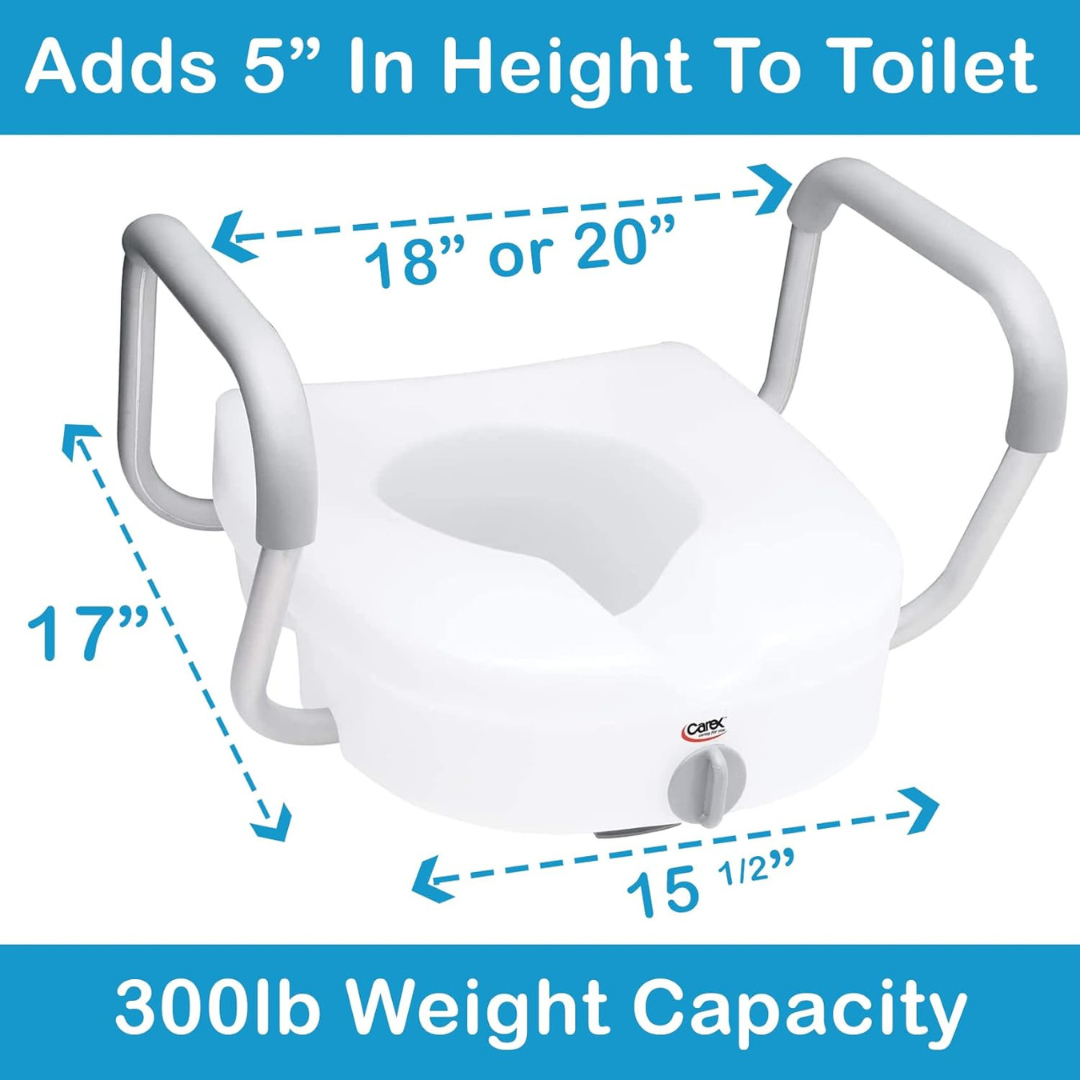 The Carex E-Z Lock 5" Raised Toilet Seat has gray adjustable arms (18" or 20" span), is 17" wide and 15.5" deep, offers a 5” lift, supports up to 300 lbs, and features white text on a blue background.