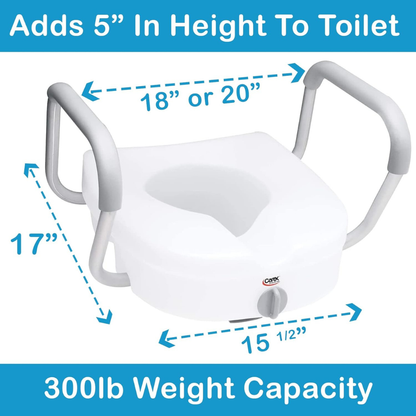 The Carex E-Z Lock 5" Raised Toilet Seat has gray adjustable arms (18" or 20" span), is 17" wide and 15.5" deep, offers a 5” lift, supports up to 300 lbs, and features white text on a blue background.