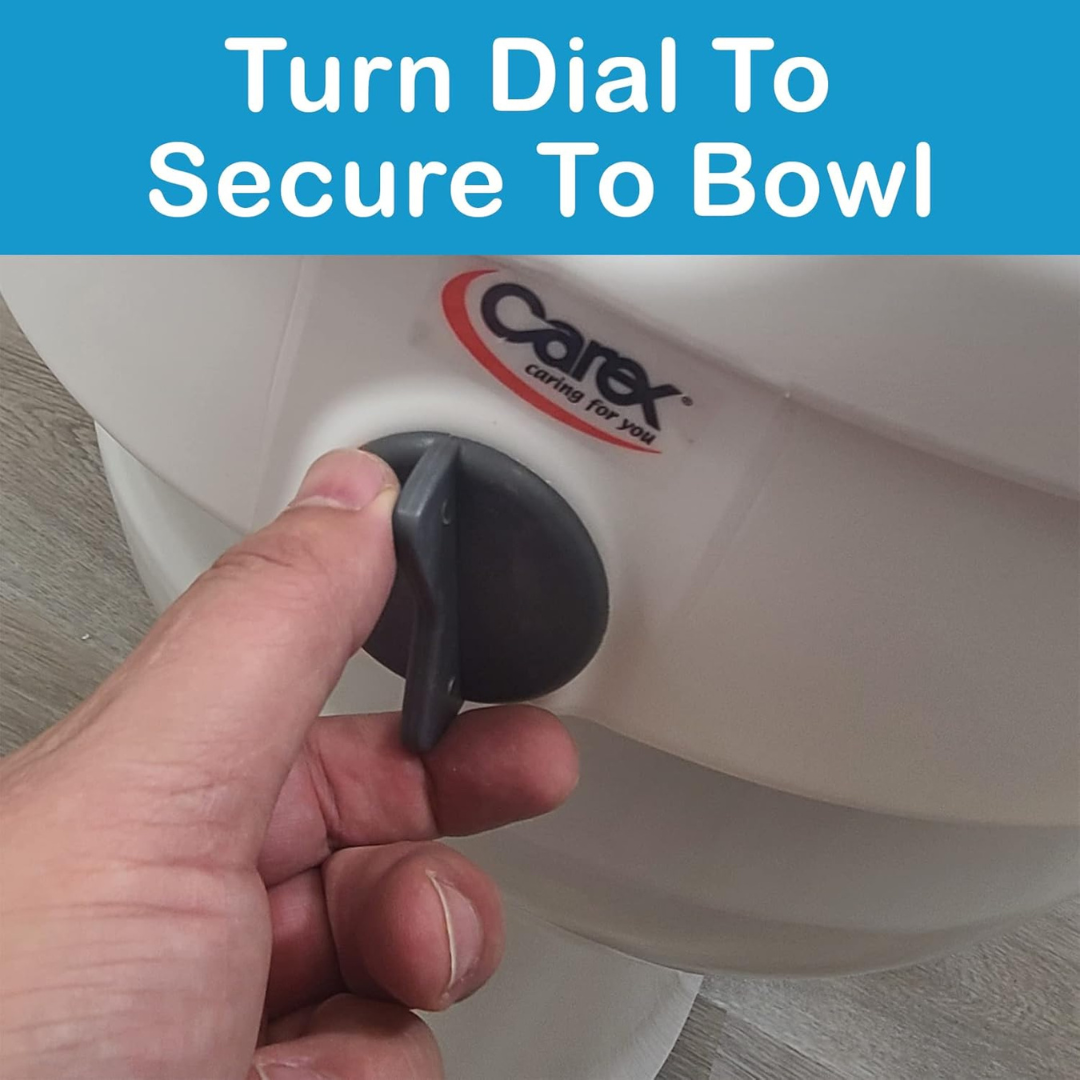 A hand turns a gray dial on a white Carex E-Z Lock 5" Raised Toilet Seat with adjustable armrests. Text above reads, "Turn Dial to Secure to Bowl.
