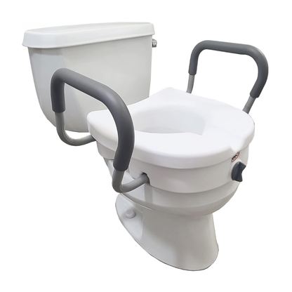 The Carex E-Z Lock 5" Raised Toilet Seat with adjustable armrests is a white accessibility aid featuring a height boost and two gray, padded locking arms for support and safety; supports up to 300 lbs.