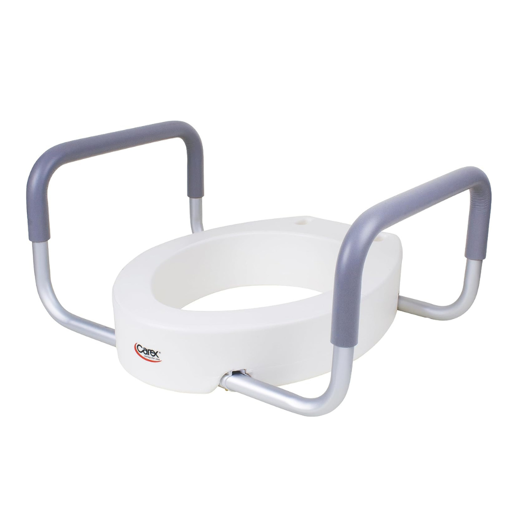 The Carex 3.5" Raised Toilet Seat with Arms features two gray padded handles, offering support for individuals with mobility challenges.
