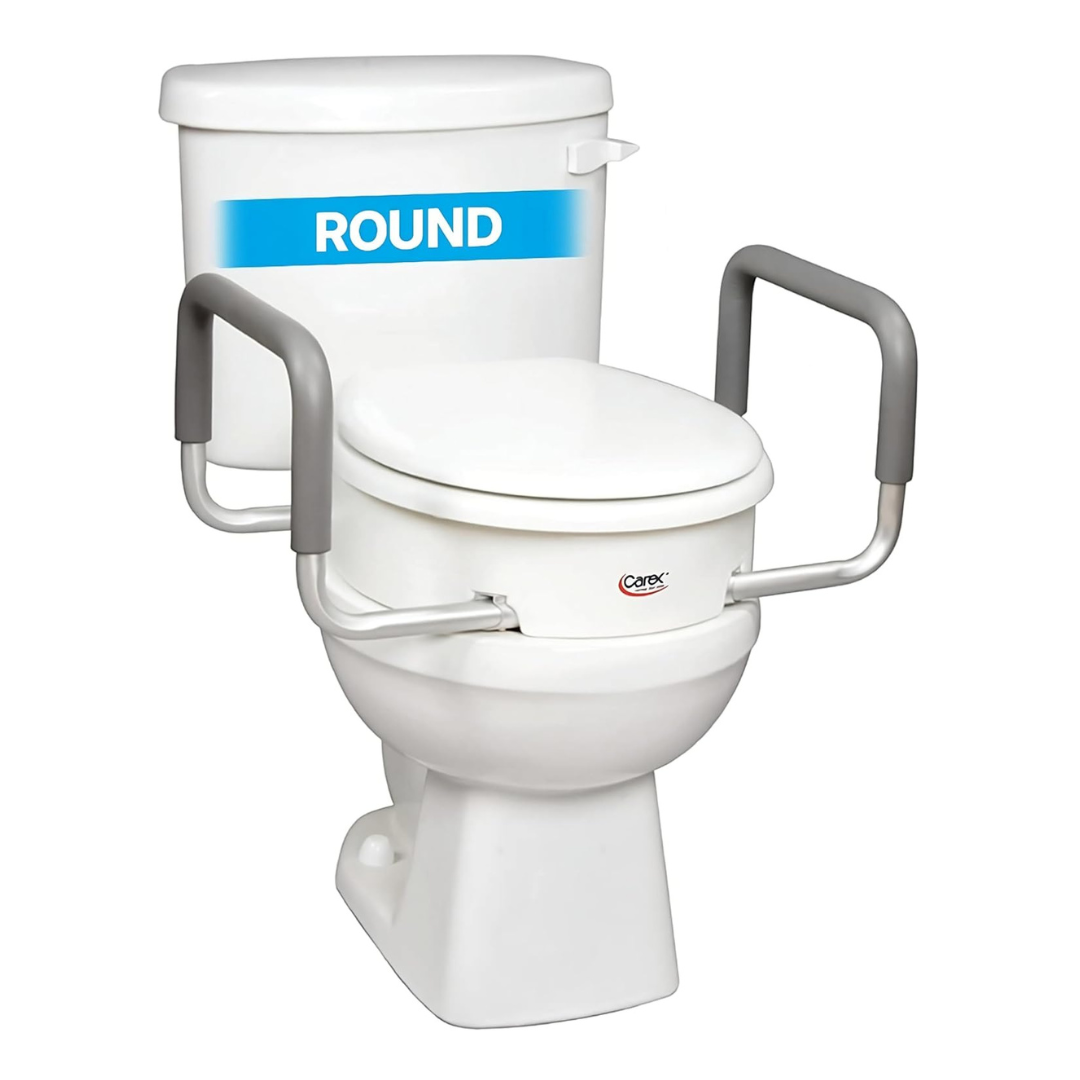 The Carex 3.5" Raised Toilet Seat with Arms is shown on a white toilet with a round label; two gray safety rails are attached on either side for extra support and accessibility.