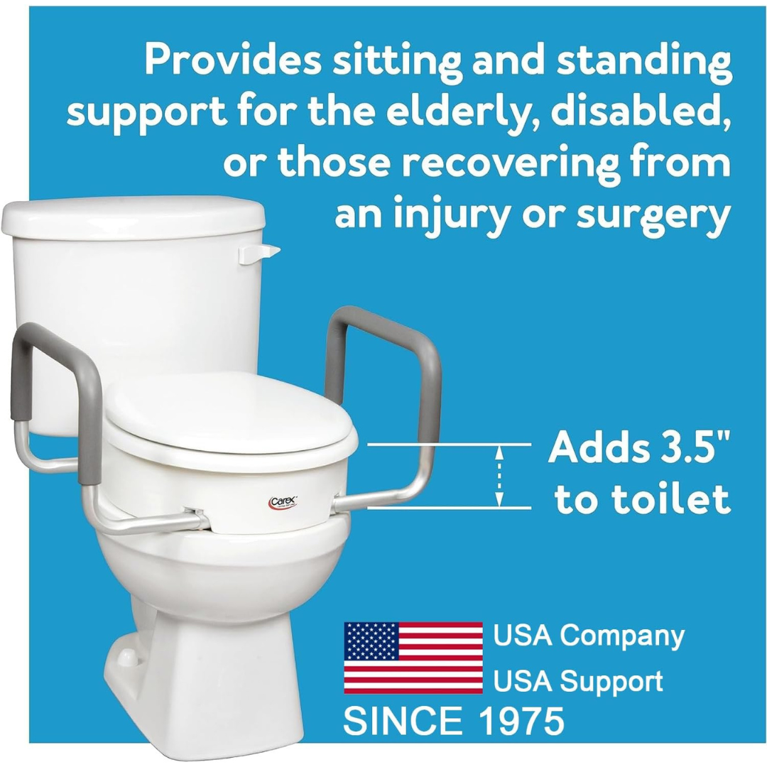 The Carex 3.5" Raised Toilet Seat with Arms is shown on a white toilet, adding 3.5 inches in height. It offers added support for seniors, the disabled, or those recovering from surgery—ideal as a round riser for comfort and safety.