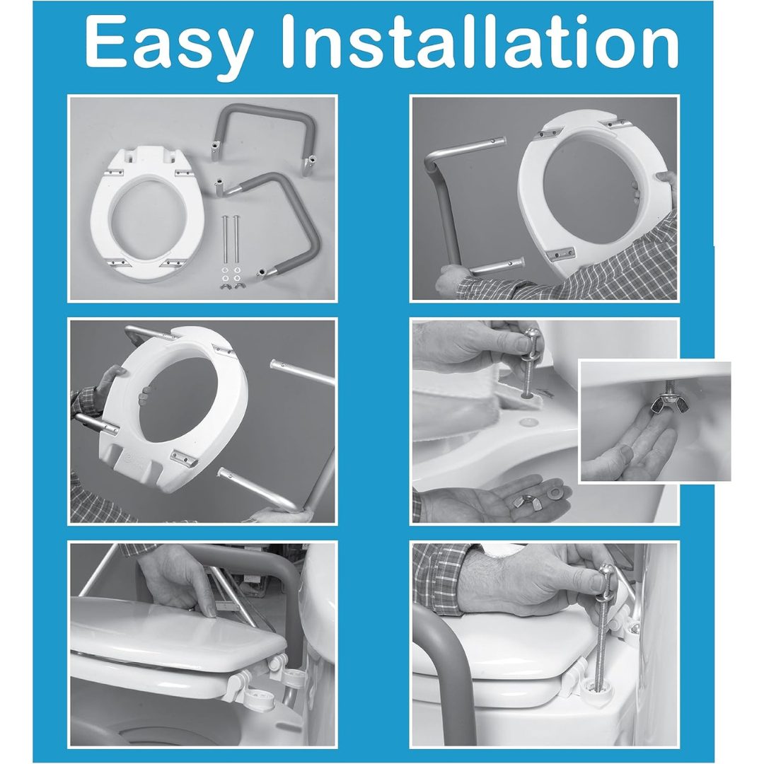 Instructional collage shows step-by-step installation of the Carex 3.5" Raised Toilet Seat with Arms, including assembly, attaching to the toilet, and tightening screws. Hands demonstrate each step. Text reads Easy Installation.