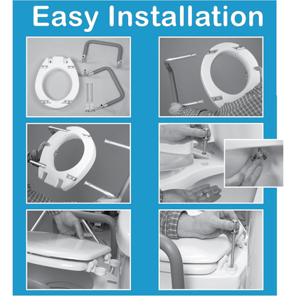 Instructional collage shows step-by-step installation of the Carex 3.5" Raised Toilet Seat with Arms, including assembly, attaching to the toilet, and tightening screws. Hands demonstrate each step. Text reads Easy Installation.