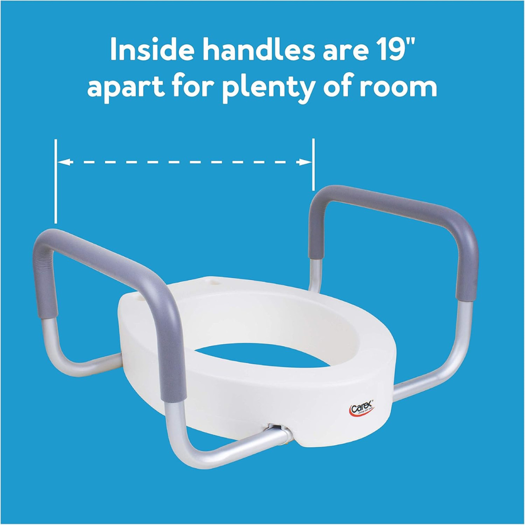 The Carex 3.5" Raised Toilet Seat with Arms features gray handles 19 inches apart, providing ample room. White dashed arrows show the handle distance on a blue background.