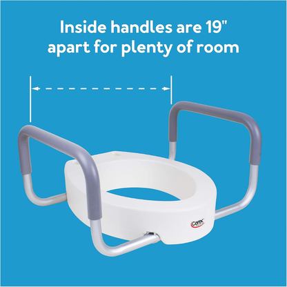 The Carex 3.5" Raised Toilet Seat with Arms features gray handles 19 inches apart, providing ample room. White dashed arrows show the handle distance on a blue background.